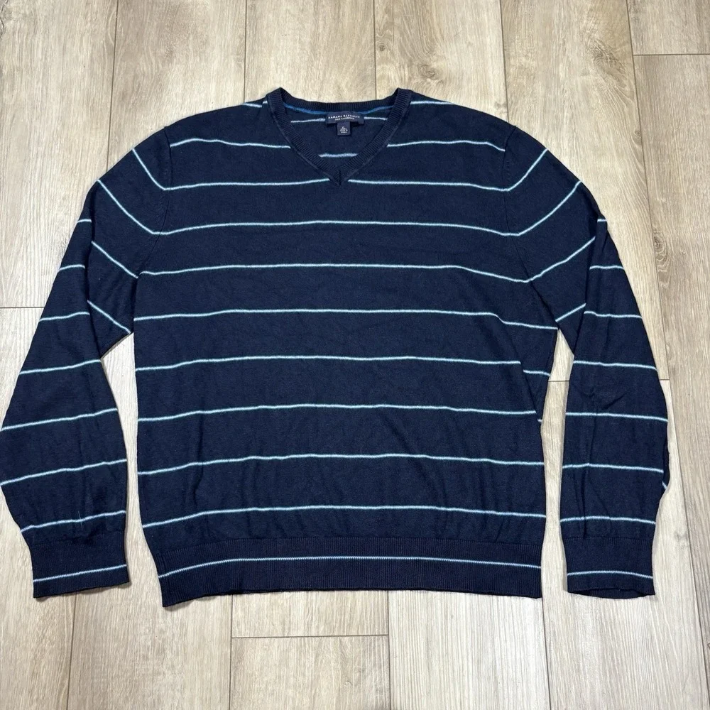 Banana Republic Stripe V-Neck Sweater Silk Cashmere Long‎ Sleeve Navy Blue XL